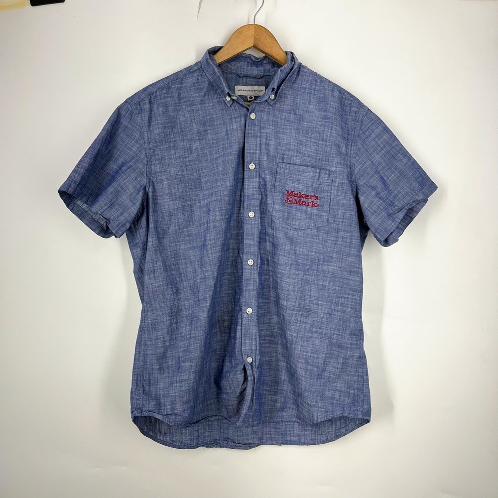 Makers Mark Mens Blue Chambray Short Sleeve Button Down Shirt Large Logo Pocket‎